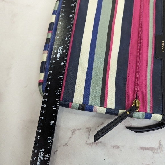 Fossil Eliza Black Multi Stripe Crossbody Messenger Bag Purse Pink Dots Stripes - Picture 14 of 16